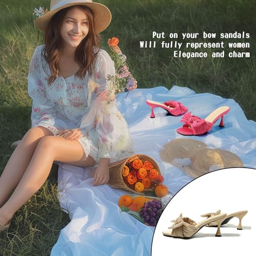 Heiyom Women's Bowknot Low Stilettos Heels Mules Sandals Slip on Pleated Bow Heels Wedding Bridal Party Dress Shoes3