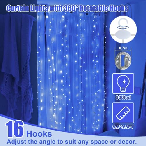 Image of One94Store Fairy Curtain String Lights for Wall Decoration, USB Powered 300 LED's, 8 Flashing Modes, Window Backdrop Lights for Bedroom, Party, Diwali, Christmas - (3x3 Meter) Blue