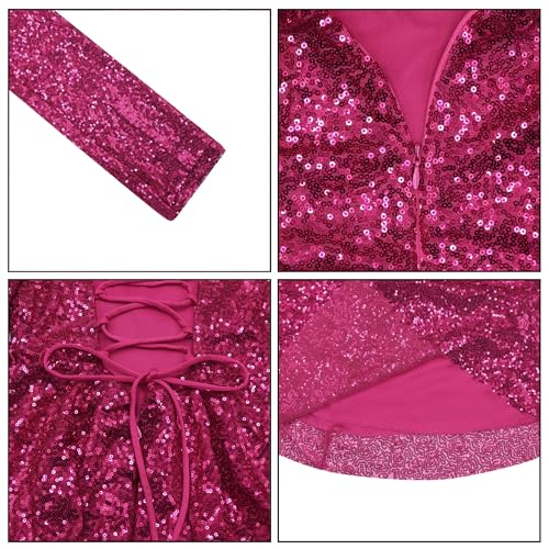 Image of Women Sparkle Sequins Mini Dress Sexy Tie Back Bodycon Dress Long Sleeve Shiny Evening Dresses Night Out Party Outfits