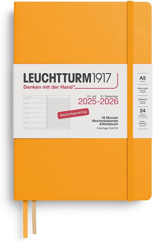 LEUCHTTURM1917 372618 Weekly Calendar & Notebook Medium (A5) 2026, 18 Months 07.2025-12.2026, Hardcover, Spring Leaf, German