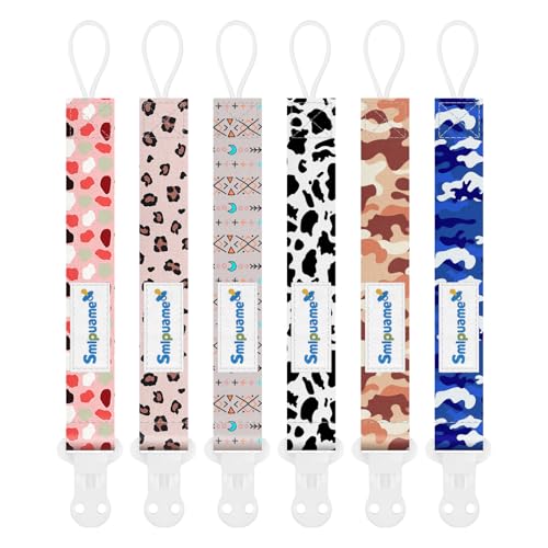 Image of Smlpuame Pacifier Clip for Baby Boys Girl,6 Pack Stylish Binky Clips Strap,Paci Holder with Clips Universal Lightweight Fits Most Pacifiers Teeher Toy Teething Ring,Baby Gifts(Boho & Leopard & Camo)