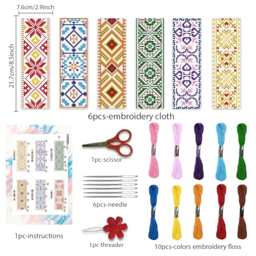 Image of BEUNITONE 6 Pcs Vintage Cross Stitch Bookmark Kits for Beginner with Backing Felt Floss Instructions, Handmade Bookmarks DIY Stamped Craft Embroidery Kits for Adults, Book Lovers 8.5''x3''