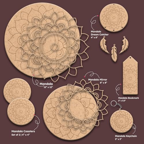 Image of iCraft Mindful Mandala Art Kit for Adults & Teens - 6 DIY Projects, 12 inch Canvas, Mirror, Coasters & More - Therapeutic Craft Gift, Multicolor