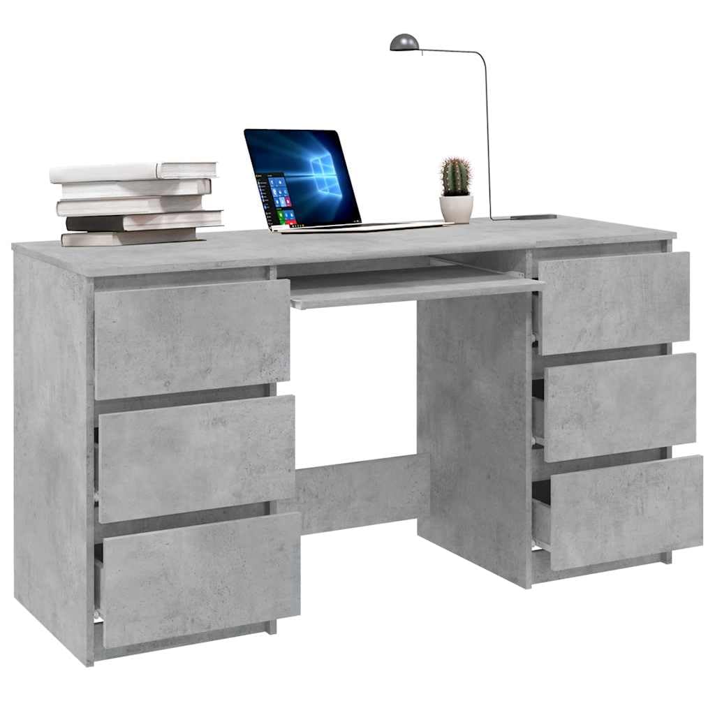 Scrivania 140x50x77 cm Legno Lavorato Grigio Cemento con 6 Cassetti