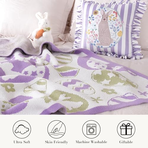 Amélie Home Animal Chenille Throw Blanket for Couch, Bunny and Eggs Knit Throws, Cozy Soft Summer Party Themed Blankets for Sofa, Bed, Gift & Decor, 50"x60", Purple/Green - 3