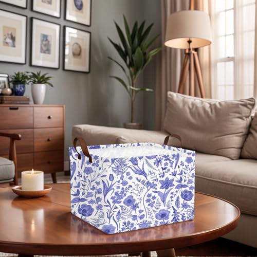 Image of Chinoiserie Rectangle Storage Basket, Blue | Gift Basket Collapsible, Toy Bin, Nursery Playroom Bedroom Decor, Baby Child