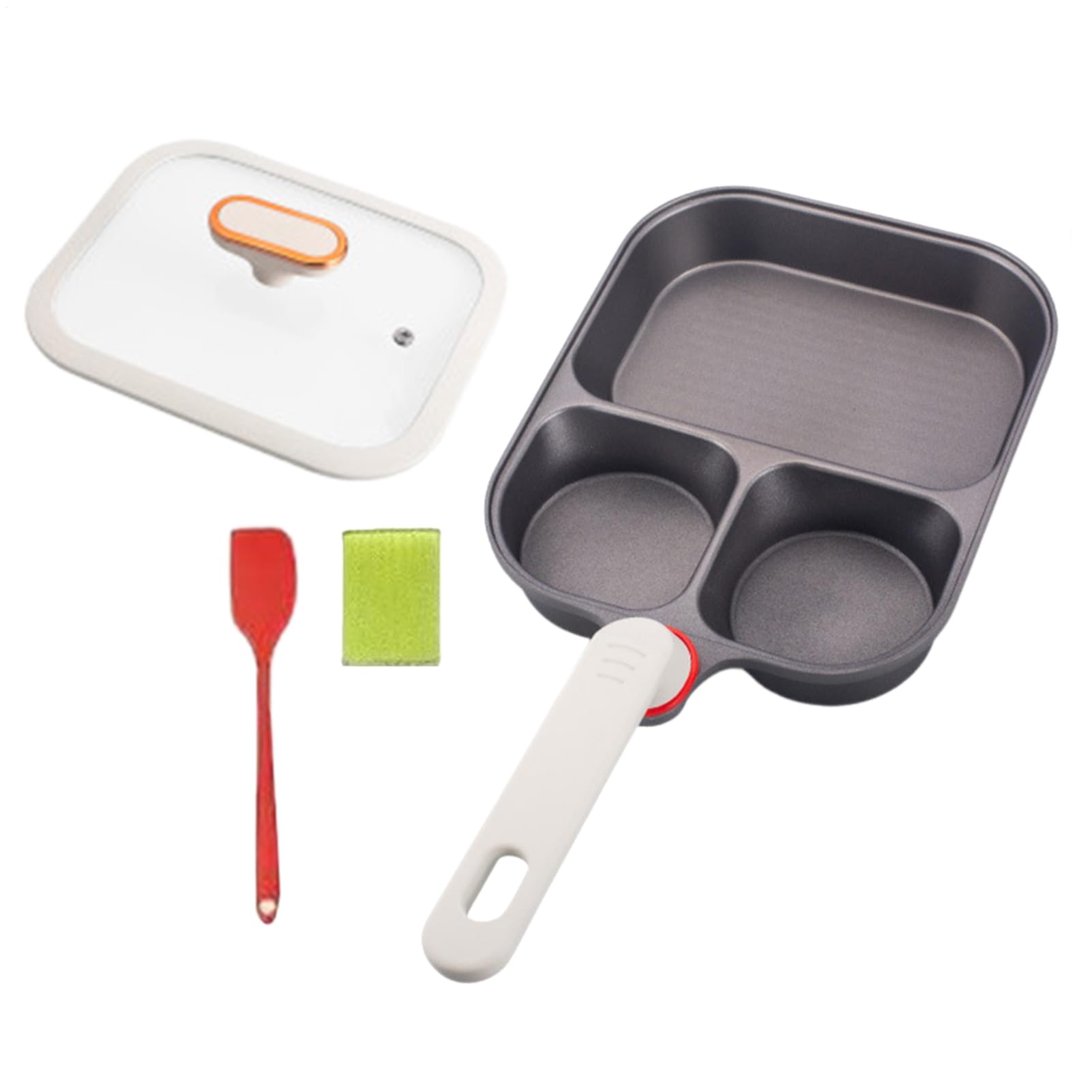 Padella antiaderente per uova Padella colazione a 3 scomparti | Tegamino Divisorio con Coperchio e Spatola in Silicone per Uova, Pancake, Bacon e Preparazione Pasti