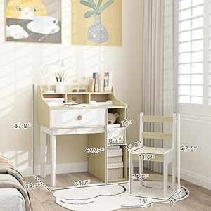 Qaba Kids Desk and Chair Set, Student Desk and Chair Set with Storage Shelves, Drawer, Kids Study Desk and Chair Set for 3-10 Years, White Qaba Kids Desk and Chair Set Student Desk and Chair Set with Storage Shelves Drawer Kids Study Desk and Chair Set for 3 10 Years White
