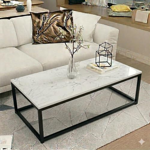 Welltrade Shoppee Rectangular Center Table with Engineered Wooden Top & Gold Metal Frame, Cocktail Sofa Table Living Room, Elegant Coffee Table – for Home, Office, Dining (Black & White)