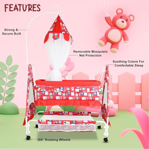 Image of New Born Baby Soft Seat Cradle with Swing and Mosquito Net, Four Wheels with Brake Lock for Swing Cradle /Jhula /Palna /Bed /Baby Safe for 0-2 Years (RED)