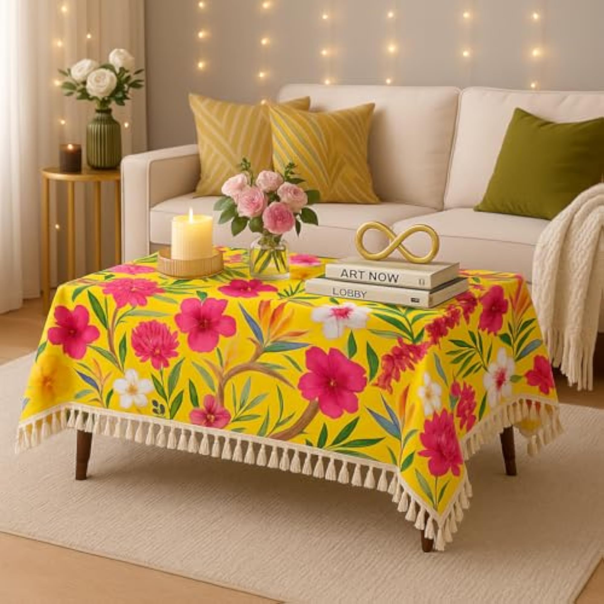 Floral Boho Dining Table Cover with Tassels
