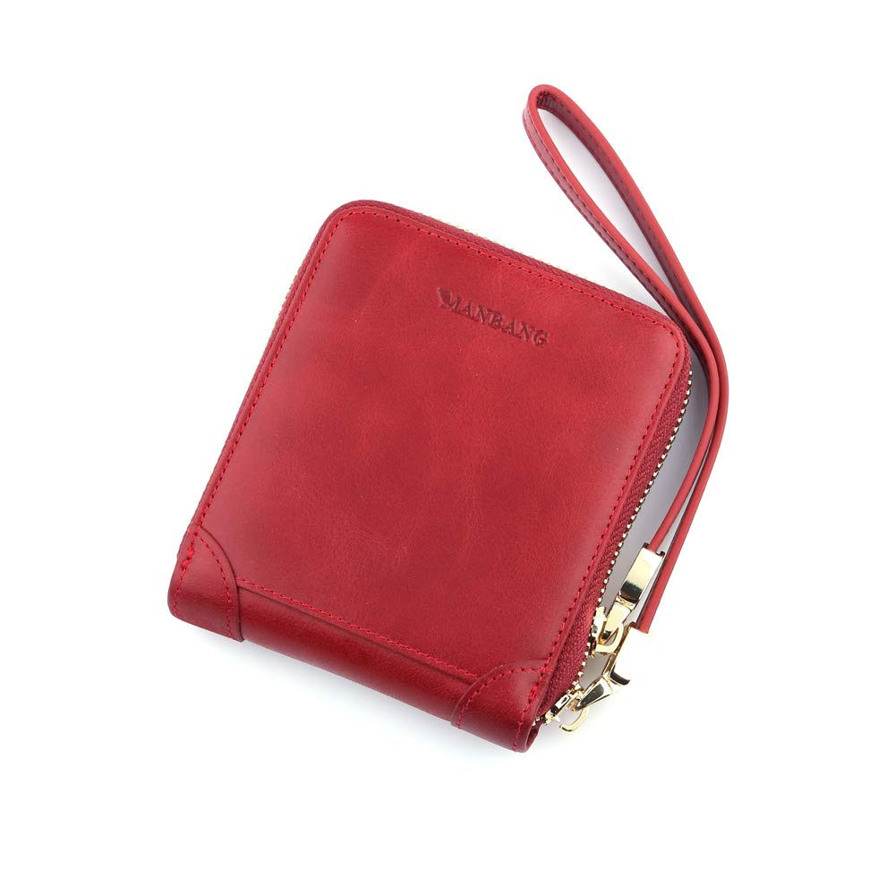 MANBANG RFID Wallets for women Genuine Leather Zipper Purses Secure Large Capacity Multi-card Wallets Clutch Travel Wristlet (Red)