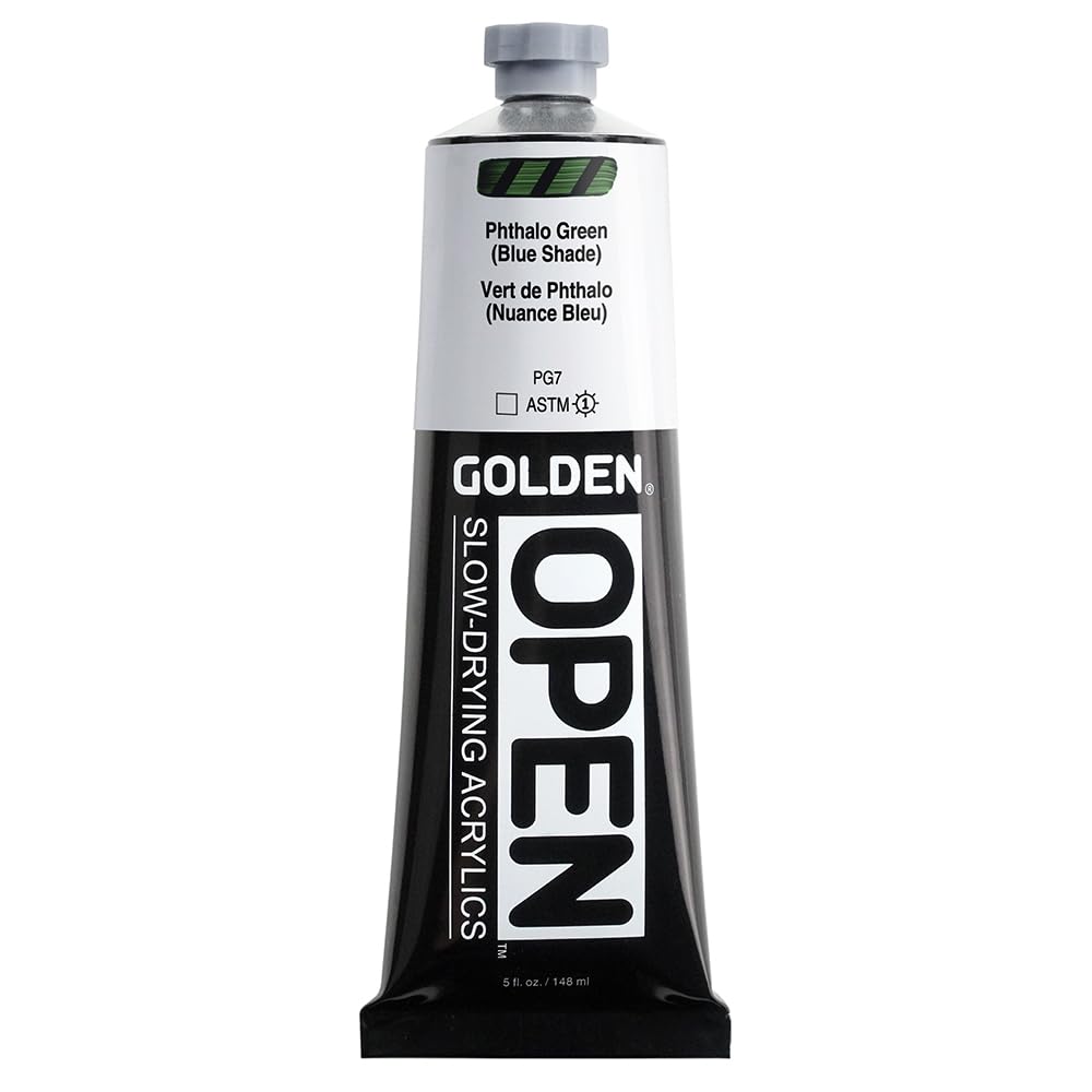 GOLDEN OPEN Slow-Drying Acrylics, Phthalo Green/B.S., 5 fl oz. tube, Professional Acrylic Paint, Transparent Phthalo Green /B.S. 5 Fl Oz (Pack of 1)