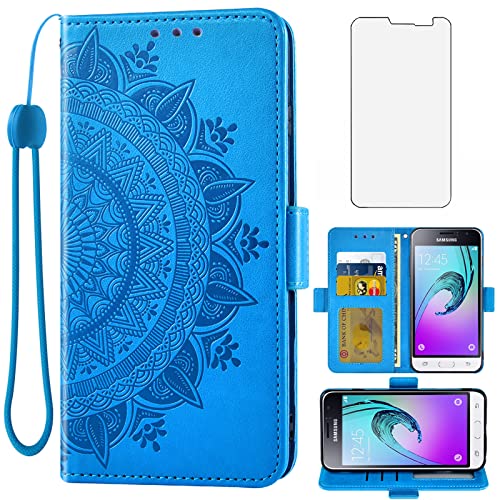 Asuwish Compatible with Samsung Galaxy J1 2016/Amp 2/Express 3/Luna Wallet Case and Tempered Glass Screen Protector Card Holder Flip Wrist Strap Cell Phone Cover for Glaxay Amp2 SM-J120A Women Blue