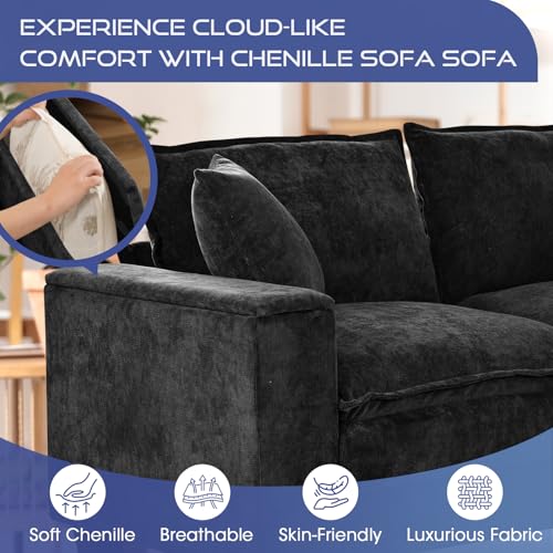 Image of 97 inch L Shaped Couch Corner Sofa, 5 Seater Oversized Cloud Couch with 2 Pillows Chenille Modular Sectional Sofa Armrests with Two Hidden Storage Space Sectional Couches for Living Room Black