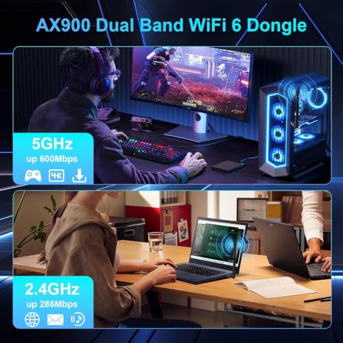 Image of BIGASUO 2-in-1 USB Bluetooth WiFi Adapter, AX900 WiFi 6 + Bluetooth 5.4 | Dual-Band 2.4GHz /5GHz with 5dBi High-Gain Antenna, Compatible with Windows 7 /10 /11 (WiFi), Windows 10 /11, Glossy Black