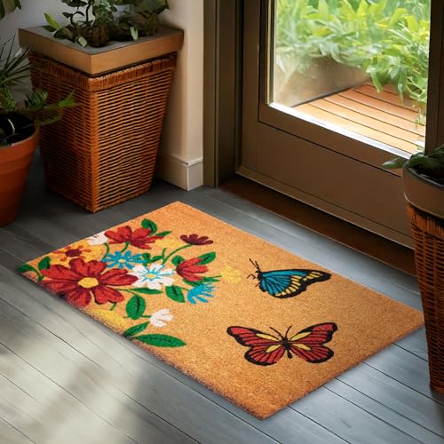 BRUBAKER Felpudo para Exterior e Interior - Mariposas con Flores - Estera de 100% Fibra de Coco 45 x 75 cm - Impermeable, Antimanchas y Antideslizante - Ideal para Entrada y Jardín - Marrón Multicolor