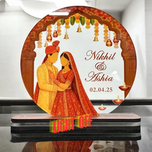 Image of Personalized Hindu Wedding LED Acrylic Lamp - Custom Couple Name & Date Gift - Marriage Decor with Light - Bridal Keepsake Night Light for Room or Reception Display