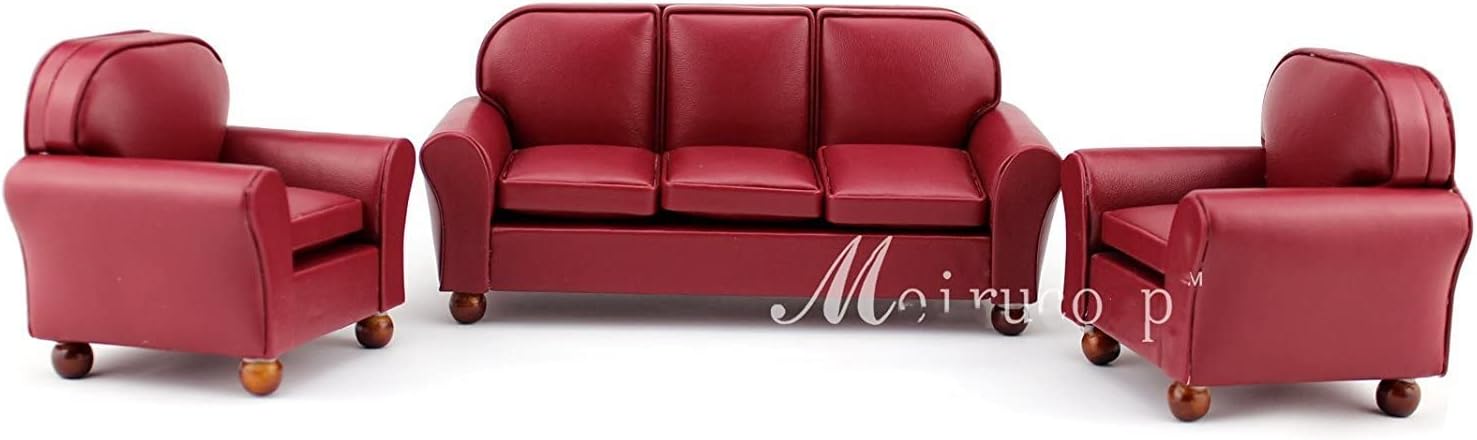 Meirucorp Dollhouse Furniture 1/12 Scale Miniature red Leather Sofa and Chair 3 pcs Set