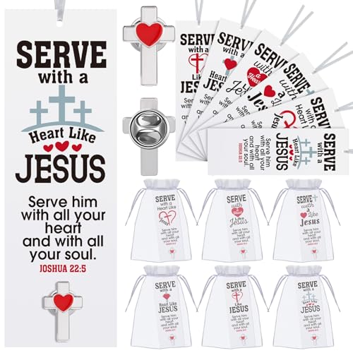 Supervitae 24 Pcs/ 12 Sets Serving with a Heart Like Jesus Bookmark with Cross Heart Pin Include 12 Christian Joshua 22: 5 Bookmarks 12 Cross Pin for Religious Church Volunteers Prizes Party Favors