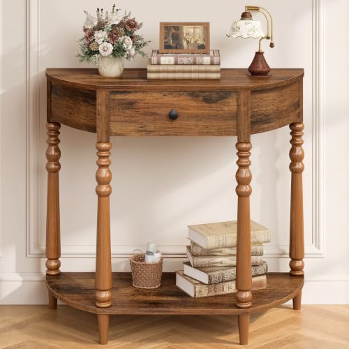 Hoctieon Console Table with Drawer, Half Moon Entryway Table, Rustic Brown