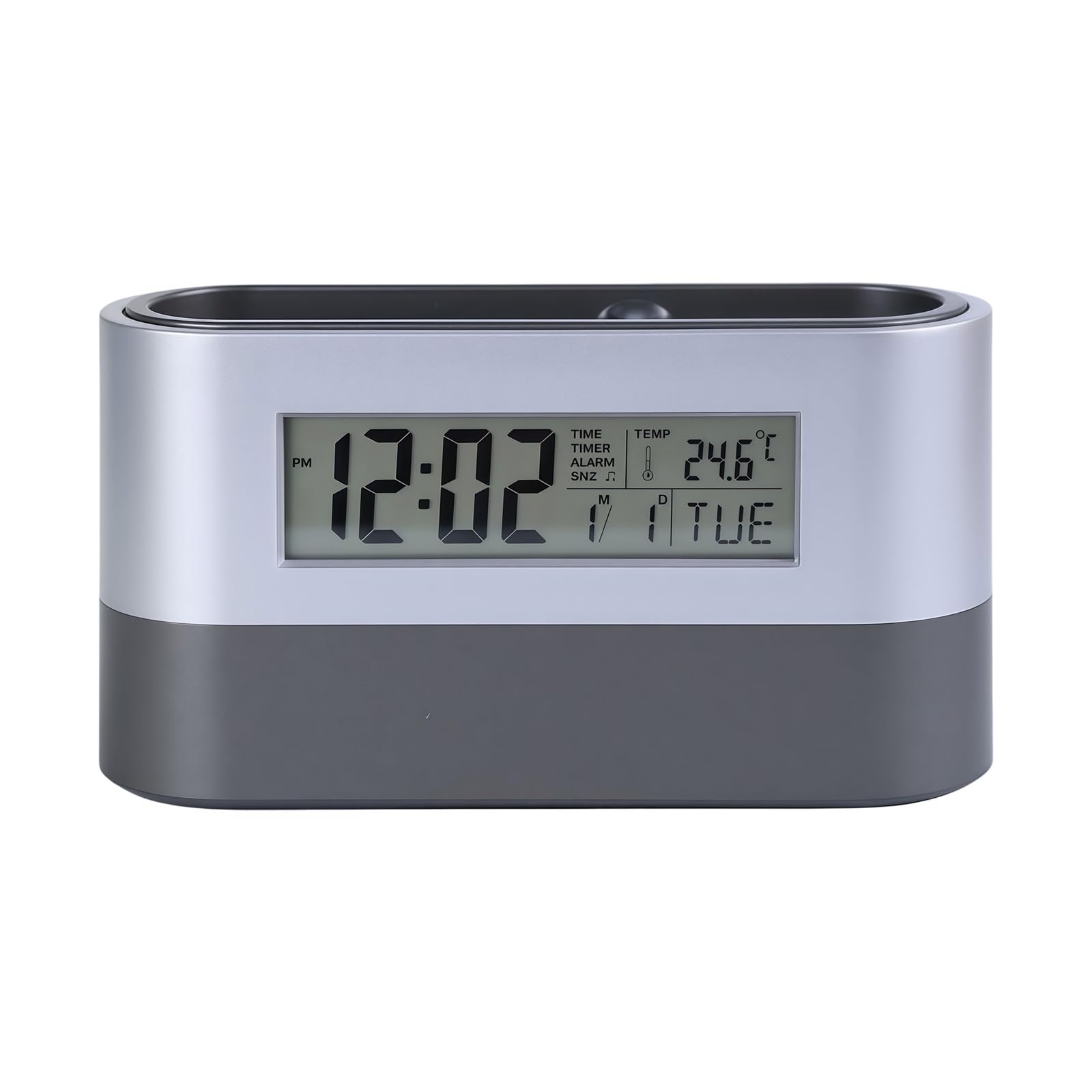 Buxuaaaa Silver/Gray Desk Accessory Combining Pen Holder Container Digital Clock With Temperature Display And Countdown Timer Feature Calendar Pen Cup With Thermograph