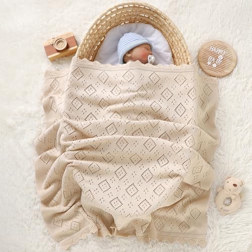 Image of mimixiong Baby Swaddle Blanket 100% Cotton Gender Neutral Pointelle Receiving Blanket for Boys Girls Cuddle Stroller Crib Blanket (Oatmeal)