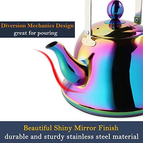 Whistling Tea Kettle Stovetop Stainless Steel Teakettles Teapot with Infuser for Flower Tea Maker Fast Boiling Mirror Finish Rainbow 2 Quart