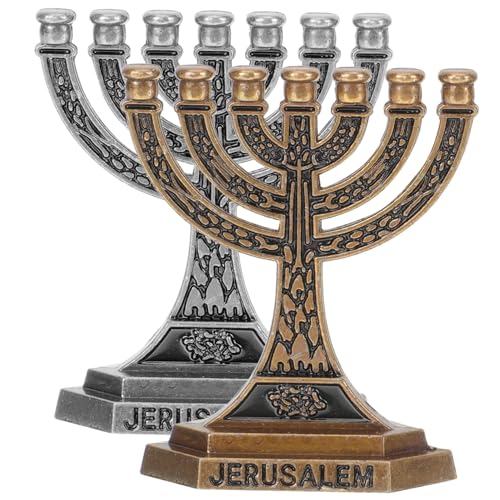 ELAYARD Candelabro Judío de 7 Brazos Metálico Antiguo, Candelero Decorativo para Velas de Té, Adorno para Dormitorio y Mesa, Set de 2 Piezas para Festivales y Decoración del Hogar