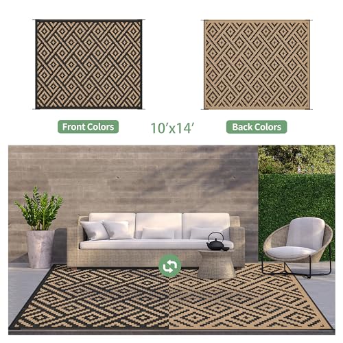 Image of GENIMO Outdoor Rug, Waterproof Plastic Rugs 10'x14' for Camping Black Brown | Outside Larger Modern Carpet Mat for Patio Decor, RV, Porch, Camper, Deck, Picnic, Beach, Backyard, Reversible, Foldable