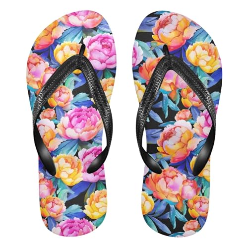 Sinestour Colorful Peony Leaves Flip Flops for Beach Thong Sandals Anti-slip Lightweight Beach Slippers for House Indoor Outdoor