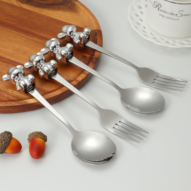 Silverware Flatware Set, 1/4/6/8/10pcs Creative Cartoon Bear Stainless Steel Spoon Household Spoon Dessert Spoon(10Pcs)