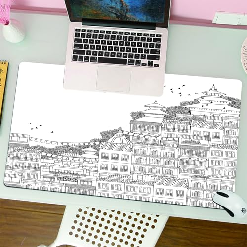 QRFASFZO Tapis de Souris Gaming - 30x80 cm - Tapis de Souris Esports - Ne Glisse jamais - Couverture complète du Bureau - Népal, scène Monochrome dessinée à la Main de Katmandou, Illustration de