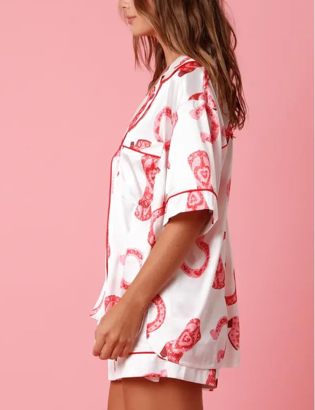 Image of LILTWIST Women Cowboy Boots Pajamas Cute Silk Satin Heart Bow Western Pjs Y2k Short Sleeve Cowgirl Shirts and Pj Shorts Sets