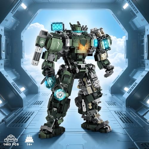 Image of SKY LINE OCEAN Large Mech Robot Building Blocks Set (1403+ PCS) | Motorized Industrial Style Warrior Model with Weapons | Fully Articulated Collectible for Ages 14+ | 5 Year Structural Warranty