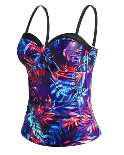 Image of Women's Underwire Tummy Control Swimsuit Top Push Up Bathing Suit Top | Unremovable Bra, Adjustable Straps, Full Lining, Shirred Bust, Side-Splicing Design, Criss-Cross Back