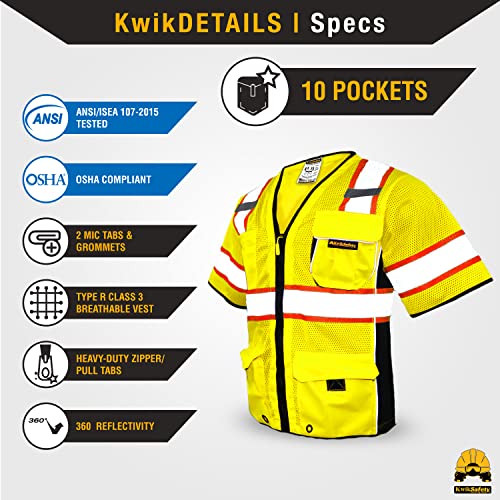 Kwiksafety (Charlotte, Nc Executive Safety Vest [10 Pockets] Class 3 Ansi Osha High Visibility Reflective Heavy Duty Mesh Ipad Pocket Hivis Construction Work Site Hiviz Men Women | Yellow Small #TOP4