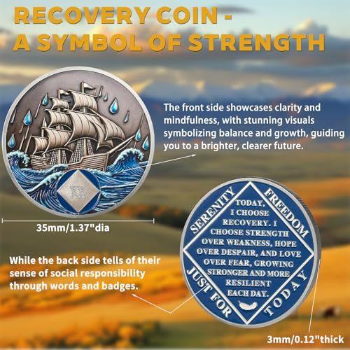 Image of NA Sobriety Coin - NA Medallions with Sailing Ship and Ocean Sobriety Chips NA Coins - Ideal Narcotics Anonymous Gifts for Men ＆ Women Celebrating Recovery and Living Clean (20 Year)