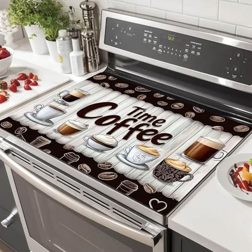 HOMETITUTE Coffee Time Stove Top Cover 28x20 Inch Diatomite Glass Stovetop Decorator Mat Rustic Coffee Bar Kitchen Decor Electric Flat Top Stove Protector Pad Heat Resistant Non Slip Mat
