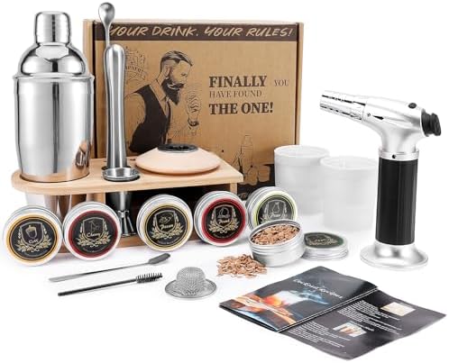 Whiskey Smoker Kit With Torch – 6 Wood Chip Flavors, 2 Rotating Glasses, Ice Ball Molds, Old Fashioned Cocktail Infuser Set