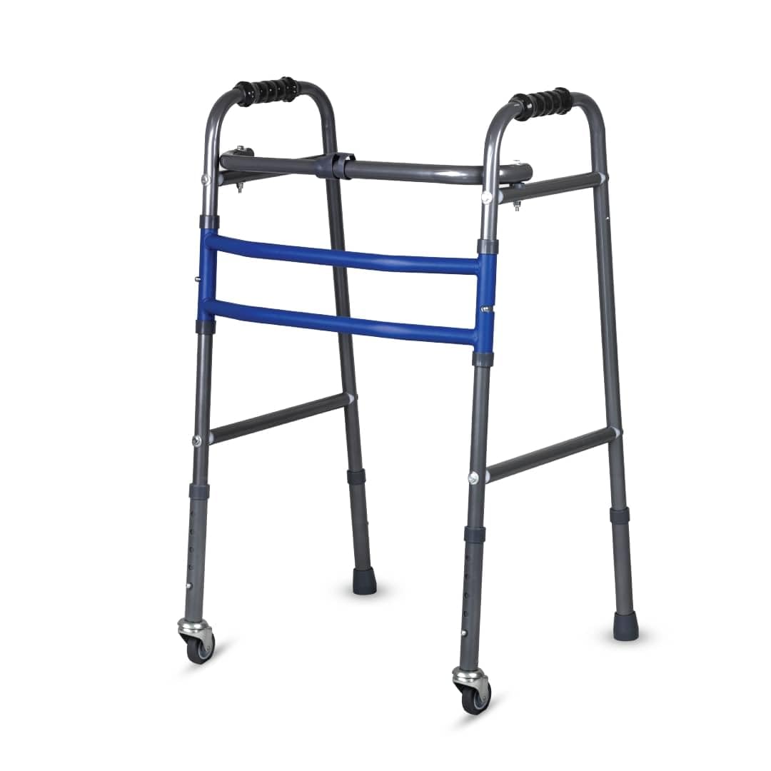 Medipedic Double Bar Walker Lightweight Height Adjustable Walking Aid for Elderly Physically Challenged Foldable Frame with Anti Slip Rubber Shoes PVC Grip Universal (Grey)