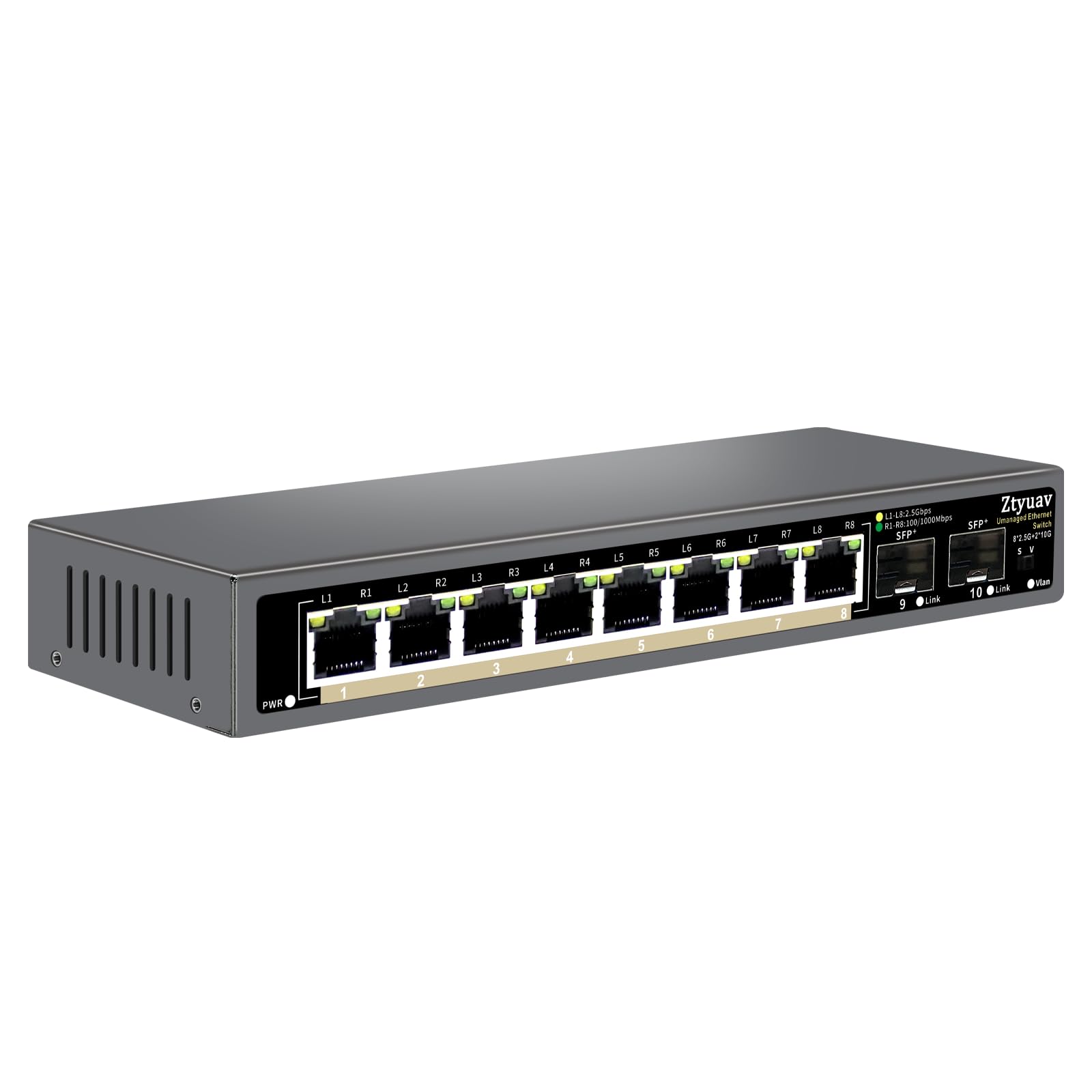 10 Port Unmanaged 2.5G Ethernet Switch with 8 x 2.5G RJ-45 Ports, 2 x 10G SFP+ Ports, Ports Speed Auto-Negotiation-100/1000/2500Mbps, One-Key VLAN, Fanless Metal Design, Plug &amp; Play