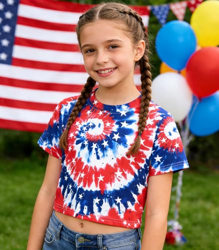 Image of Tkria Girl Crop Tops July 4th Crewneck Tshirt American Flag Patriotic USA Flag Girls Outfit Clothes Size 6-14