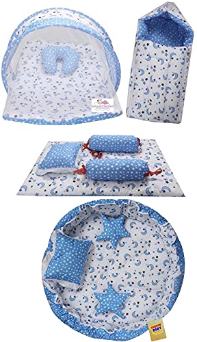 Image of Infantbond Designer Mattress with Net | Baby Sleeping Bag | 4 Pcs Bedding | 1 Nest(0-6 Months) (Moon Blue)