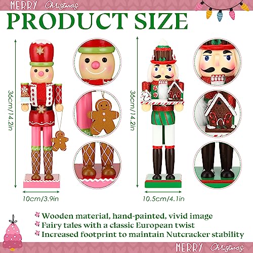Soaoo 2 Pcs Christmas Nutcracker Ornament 14\'\' Wooden Nutcracker Figures Traditional Nutcrackers Soldier Christmas Decor with Gingerbread Man for Desktop Table Collectible Decoration (Cute)