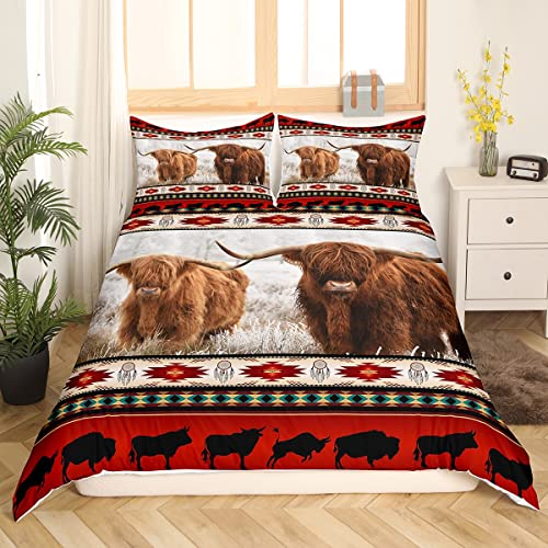 Homewish Azteken Bettwäsche Set 135 x 200 cm Southwestern Highland Cow Bettbezug Cowgirl Cowboy Longhorn Bull Cattle Bettbezug Western Animals Bettset Farmhouse Wildlife Boho Decor Schwarz Rot Grau