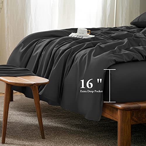 Lbro2M 100% Egyptian Cotton 1000 Thread Count Full Size Sheets Set,Bed Sheet 4 Piece Sets,16 Inches Deep Pocket,Bedding Super Soft Breathable,Sateen Weave Long Staple,All Season,Black #TOP5