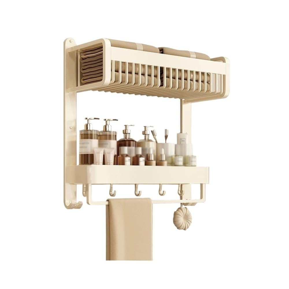 Towel Rack 2-Tier Wall Mounted Bathroom Shelf with Towel Bar and Hooks, No Drilling Aluminum Shower Organizer(39CM)
