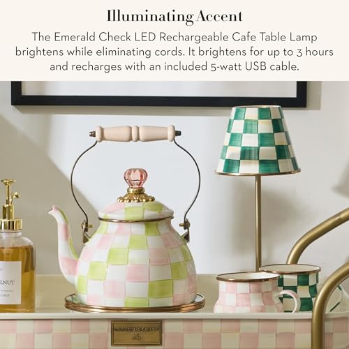 Image of MACKENZIE-CHILDS LED Rechargeable Cafe Table Lamp, Cordless Decorative Lamp, Green-and-White Emerald Check