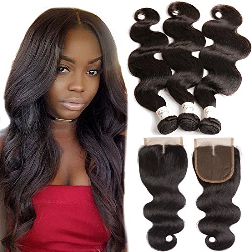 10A Brazilian Virgin Hair 3 Bundles With Closure Body Wave 14 16 18 With 12inch Middle Part Closure Unprocessed Human Hair Weave Bundles With Top Quality Lace Closure Brazilian Body Wave